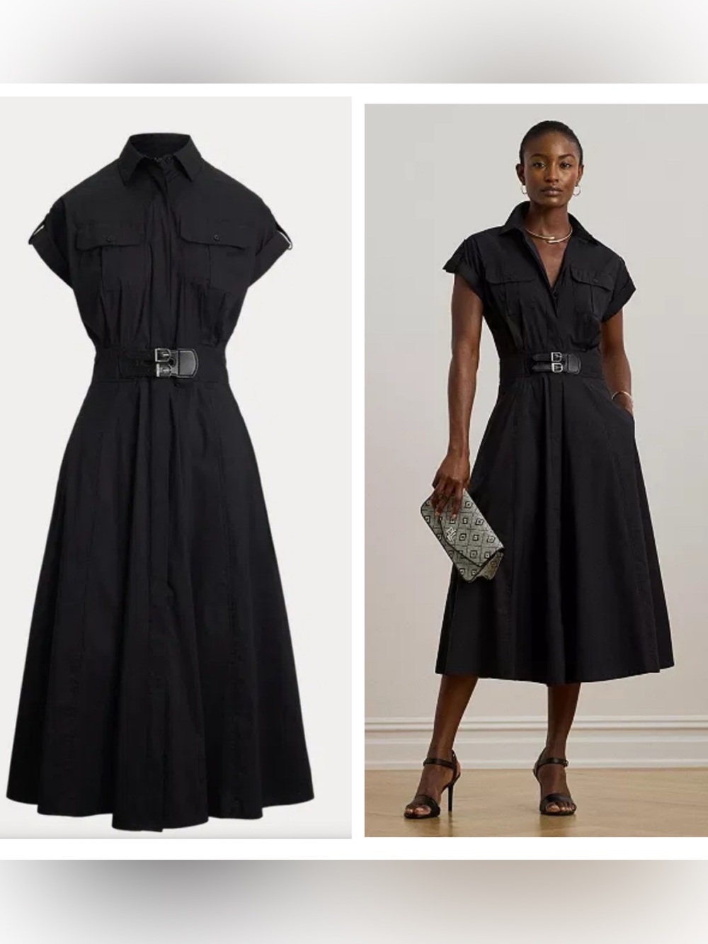 NWT Lauren Ralph Lauren buckle trim cotton blend shirtdress sz 16W black classic